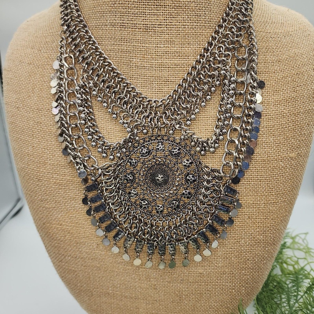 Vintage Style Boho Tribal Silver Tone Statement Bib Medallion Necklace